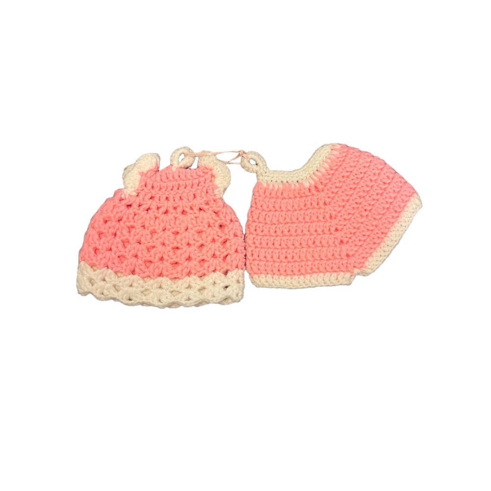 2 Vintage‎ Hand Crocheted Hot Pads Oven Mits, Hand Made Sundress & Shorts Pink